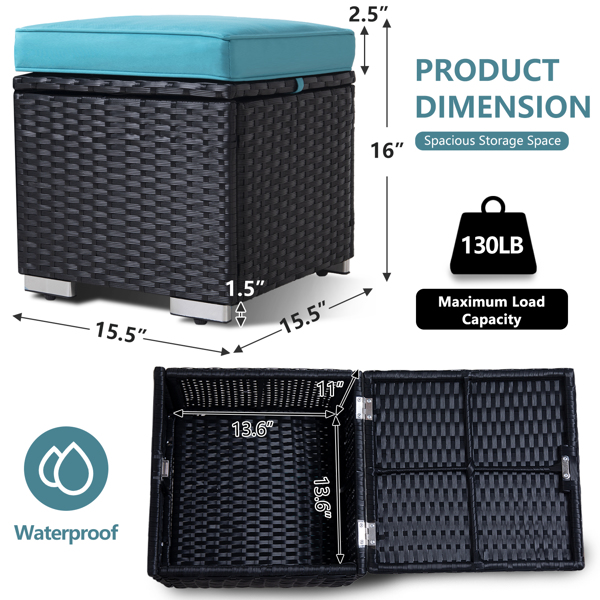 Outdoor Ottoman Patio Foot Rest 2 Pieces PE Rattan Foot Stool with Storage All Weather Outdoor Ottomans for Patio Multifunctional Waterproof Footstool Ottoman with Removable Cushion Black