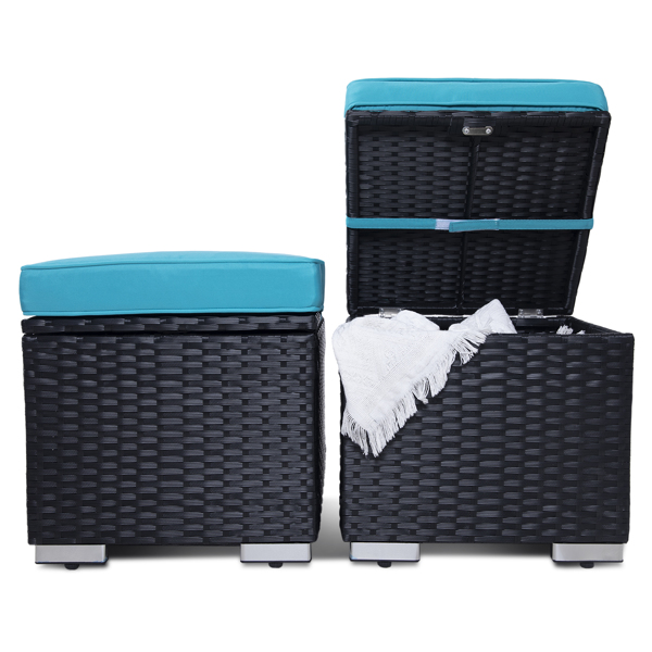 Outdoor Ottoman Patio Foot Rest 2 Pieces PE Rattan Foot Stool with Storage All Weather Outdoor Ottomans for Patio Multifunctional Waterproof Footstool Ottoman with Removable Cushion Black