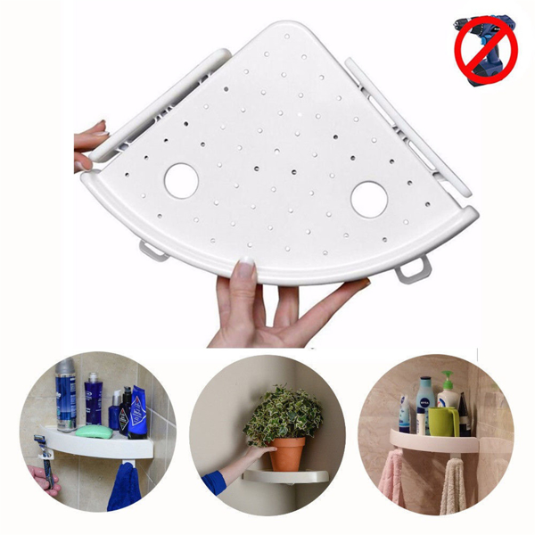 Bathroom Wall Corner Shelf Organizer, Kitchen Corner Storage Rack Non-Marking Shelf with Hooks, Easy to Install (White, One Size)