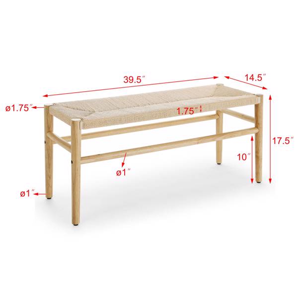 Indoor Bench with Paper CordRubber Wood Legs 39.5x14.5x17.5