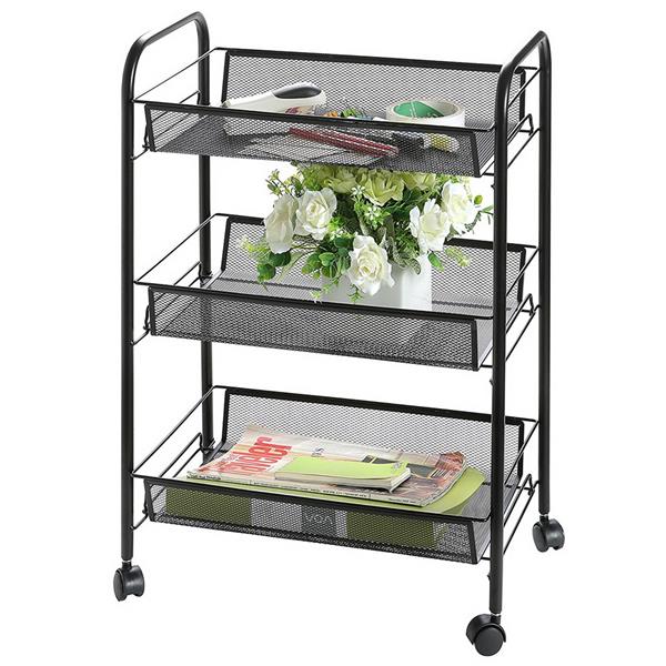 Exquisite Honeycomb Net Three Tiers Storage Cart with Hook Black