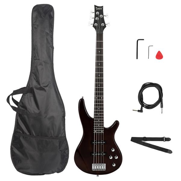 [Do Not Sell on Amazon]Glarry GIB Electric 5 String Bass Guitar Full Size Bag   Strap   Pick   Connector   Wrench Tool Earth Brown