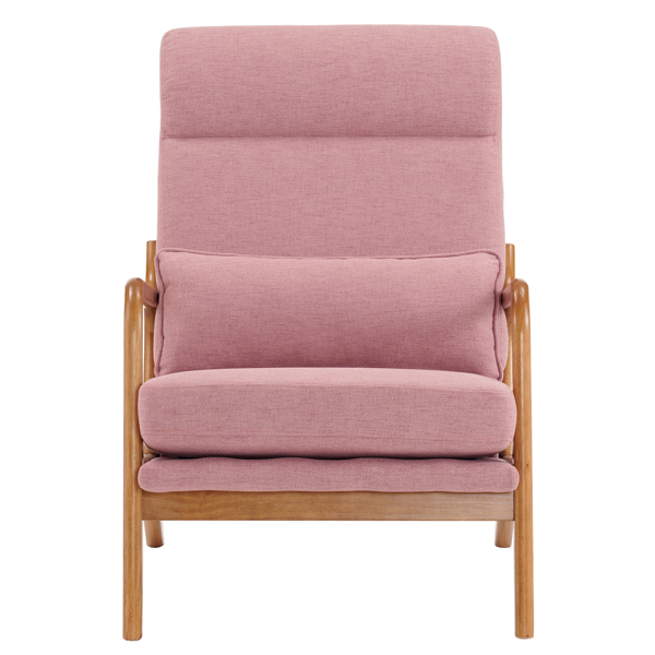 High Back Solid Wood Armrest Backrest Iron Frame Linen Indoor Leisure Chair Pink