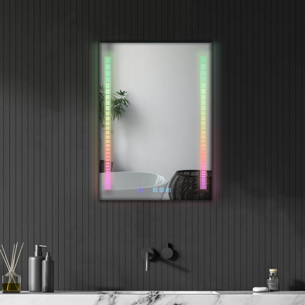 FCH 28*20in Symphony Elements Aluminum Alloy Rectangular Built-In Light Strip With Anti-Fog Touch Adjustable Brightness Power-Off Memory Three-Tone Lighting Bathroom Mirror Silver