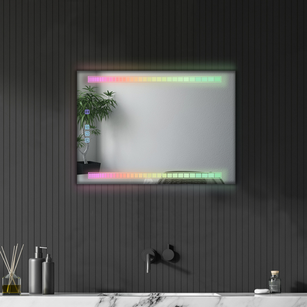 FCH 28*20in Symphony Elements Aluminum Alloy Rectangular Built-In Light Strip With Anti-Fog Touch Adjustable Brightness Power-Off Memory Three-Tone Lighting Bathroom Mirror Silver