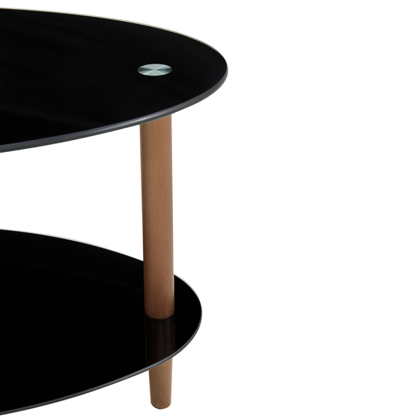 Black Oval glass coffee table, modern table in living room Oak wood leg tea table 3-layer glass table