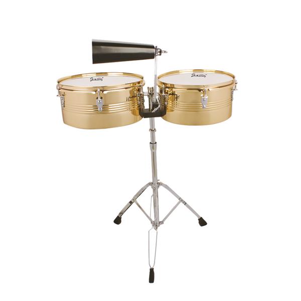 [Do Not Sell on Amazon]Glarry 13&quot; &amp; 14&quot; Timbales Drum Set with Stand and Cowbell Golden