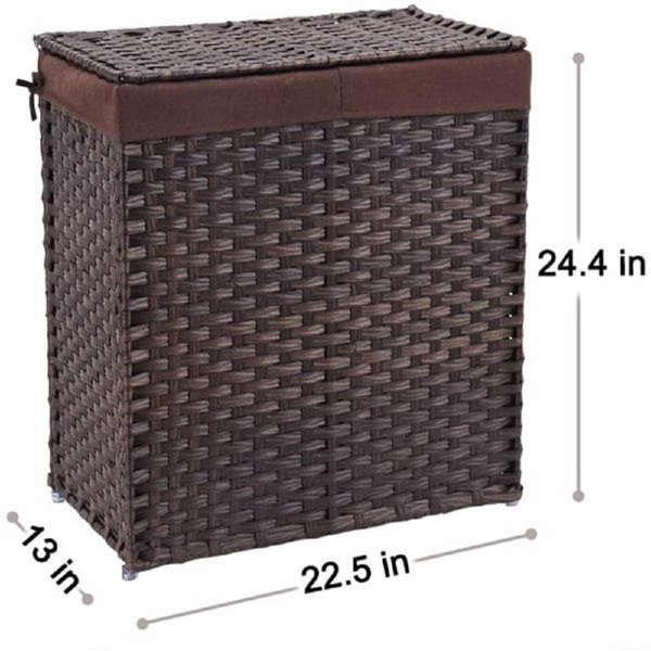 Divided Laundry Hamper,  Synthetic Rattan Handwoven Clothes Laundry Basket with Lid and Handles, Foldable, Removable Liner Bag, Brown