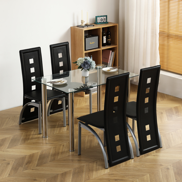 5-Piece Dining Table Set with 1 Glass Transparent  Dining Table and 4 PVC Black Chairs, Modern Dining Table Set for Kitchen &amp; Breakfast Dining Living Room(This product will be split into two packages)