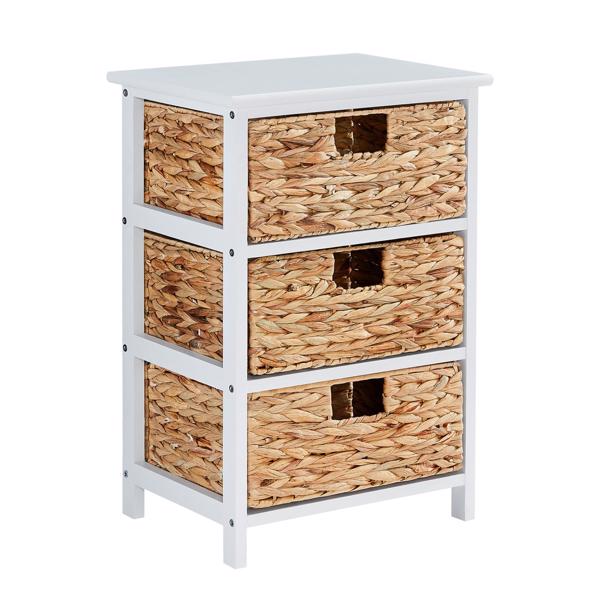 White Nightstand with 3 Drawers, Bedside Tables for Hallway, Accent End Table Bedroom,Dresser Storage Tower with Wood Top, Organizer Unit for Closets, Easy Pull Basket Bins(Water Hyacinth)