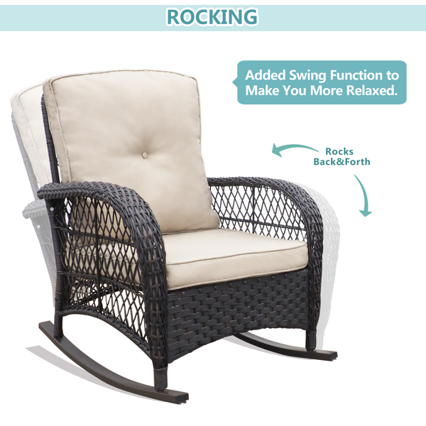 Outdoor Patio Wicker Rocker Chair, Porch Rattan Rocking Chair with Soft Cushions, Khaki