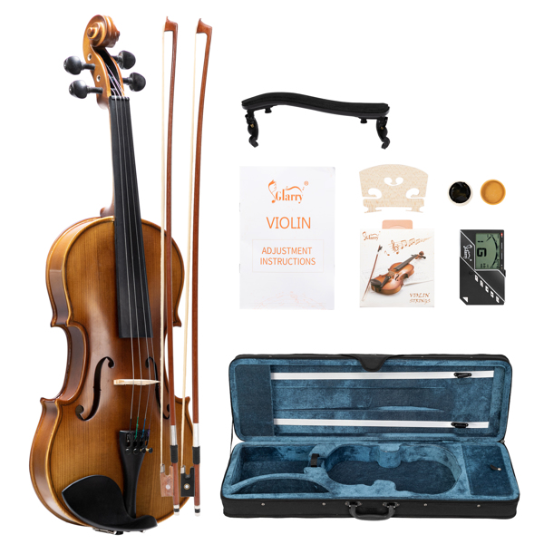 [Do Not Sell on Amazon] Glarry GV405 4/4 Acoustic Violin Kit Matt Natural w/Square Case, 2 Bows, 3 In 1 Digital Metronome Tuner Tone GeneratorExtra Strings and Bridge
