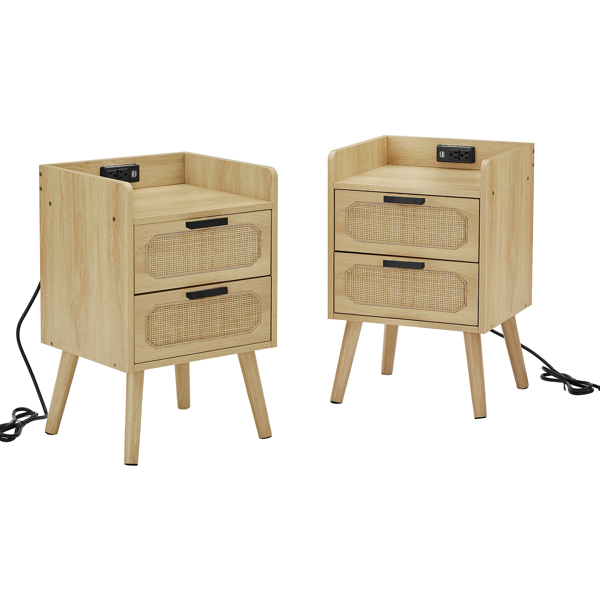 set of 2 Rattan nightstand with socket side table natural handmade rattan2PC,Natural ,15.55W*13.78D*23.82H