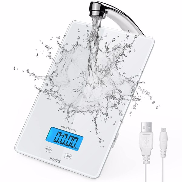 KOIOS USB Rechargeable Food Scale, 33lb/15Kg Kitchen Scale Digital Weight Grams and oz for Cooking Baking, Precise Graduation, Waterproof Tempered Glass, 6 Weight Units, Tare Function, White