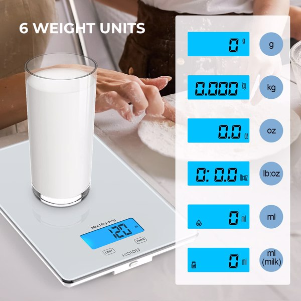 KOIOS USB Rechargeable Food Scale, 33lb/15Kg Kitchen Scale Digital Weight Grams and oz for Cooking Baking, Precise Graduation, Waterproof Tempered Glass, 6 Weight Units, Tare Function, White