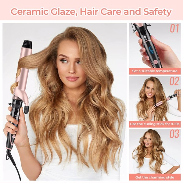 Curling Iron 1 1/2-inch Dual Voltage Instant Heat with Extra-Smooth Tourmaline Ceramic Coating, Glove Included by MiroPure, Rose Gold