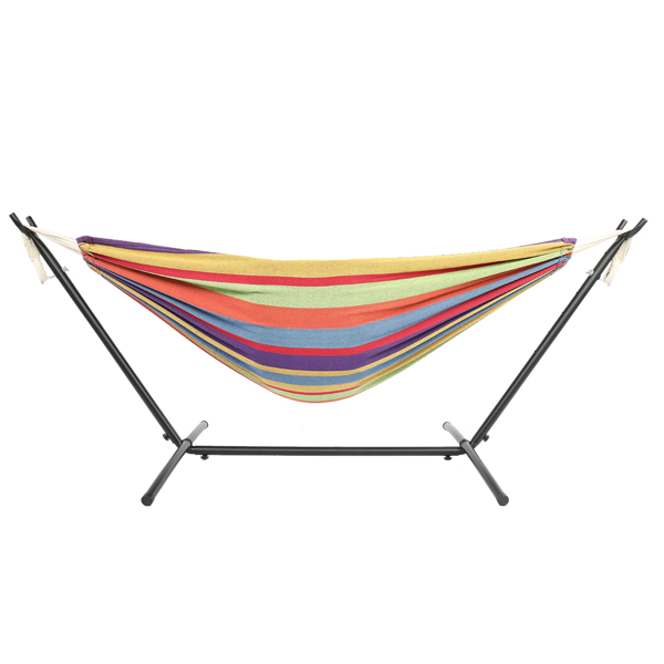 9ft Black Steel Pipe Hammock Frame with 200*150cm Polyester Cotton Hammock Small Color Strip Natural Rope Iron   Hammock Set