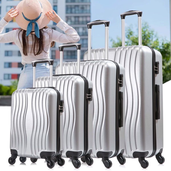 4 Piece Luggage Set PC Material Hard Shell  Suitcase with Spinner Wheels Lightweight Suitcase Set Silver