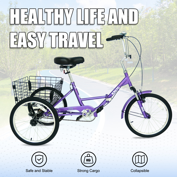 Adult Folding Tricycle ,Foldable 20 inch 3 Wheel Bikes,Single Speed Portable Cruiser Bicycles with Shopping Basket for Seniors,Women, Men