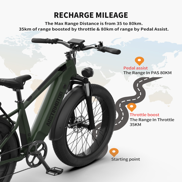 AOSTIRMOTOR New Pattern King 26&quot; 1000W Electric Bike 26in Fat Tire 52V15AH Removable Lithium Battery for Adults KING