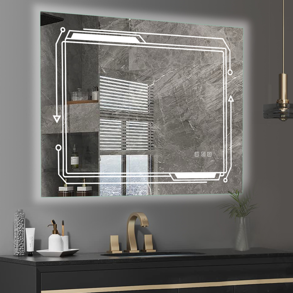 FCH 36*28in Geometric Elements Aluminum Alloy Rectangular Built-In Light Strip With Anti-Fog Touch Adjustable Brightness Power-Off Memory Three-Tone Lighting Bathroom Mirror Silver