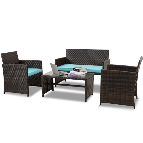 Cpintltr 4 Pieces Outdoor Wicker Furniture Sets PE Rattan Chair Patio Conversation Sets with Soft Cushions and Glass Tabletop Poolside Lawn Chairs for Balcony Garden Backyard Porch Teal(4)