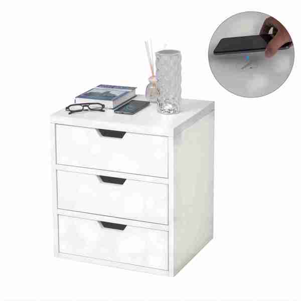 Bedside table with wireless charging station, bedside table with lockers and storage drawers, bedside table sofa coffee table, white