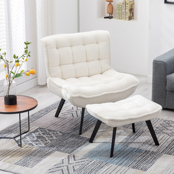 Modern Soft Teddy Fabric Material Large Width Accent Chair Leisure Chair Armchair TV Chair Bedroom Chair With Ottoman Black Legs For Indoor Home And Living Room,White