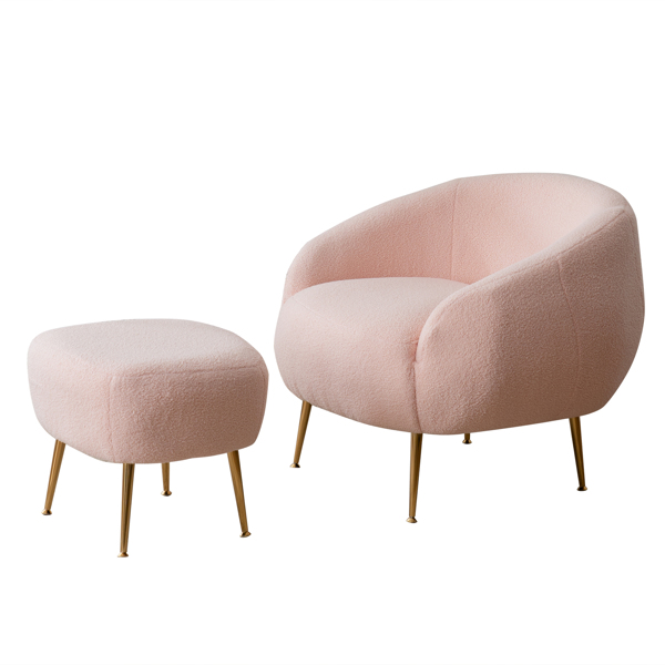 FCH Faux Fur Barrel Accent Chair with Ottoman for Bedroom Living Room Guestroom, Pink