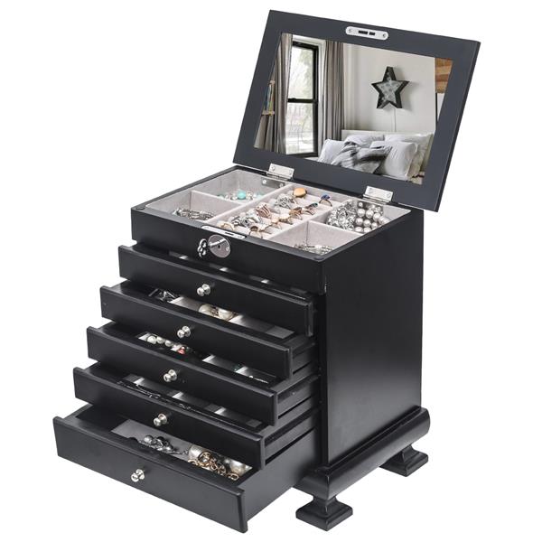Handcrafted Wooden Jewelry Box Organizer Wood  6 Layers Case with 5 Drawers-Black