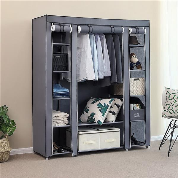 69&quot; Portable Clothes Closet Wardrobe Storage Organizer with Non-Woven Fabric Quick and Easy to Assemble Extra Strong and Durable Gray