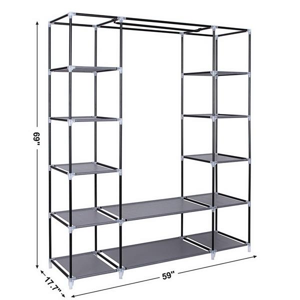 69&quot; Portable Clothes Closet Wardrobe Storage Organizer with Non-Woven Fabric Quick and Easy to Assemble Extra Strong and Durable Gray
