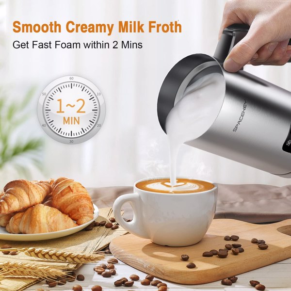 Milk Frother, Electric Milk Steamer, Spacekey 4-in-1 Automatic Hot and Cold Foam Maker with Touch Screen, 10oz/300ml Stainless Steel Milk Foamer with Buzzer for Latte,Cappuccinos,Chocolate Milk,Silver