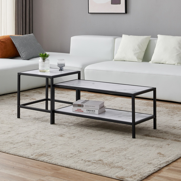 Modern Nesting coffee table Square &amp; rectangle,Black metal frame with wood marble color top