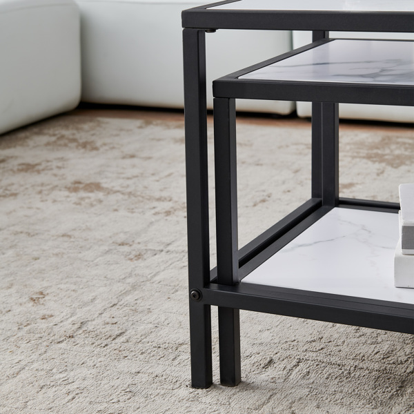 Modern Nesting coffee table Square &amp; rectangle,Black metal frame with wood marble color top