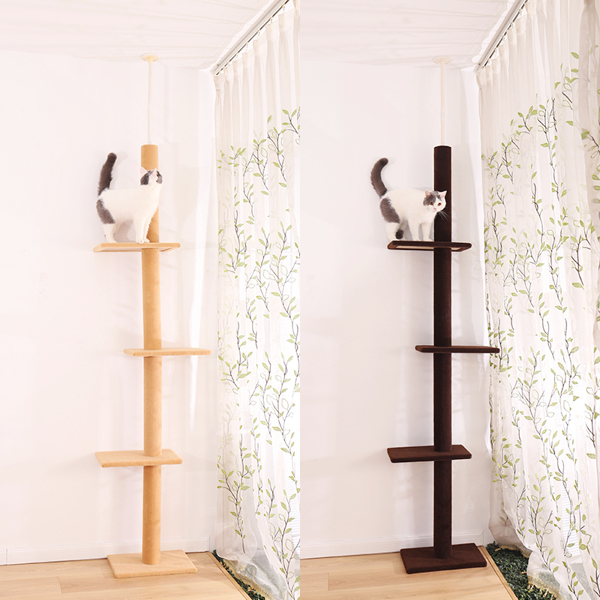 Three Tier Floor-to-Ceiling Cat Tree Cat Climbing Tree 9 Feet Khaki