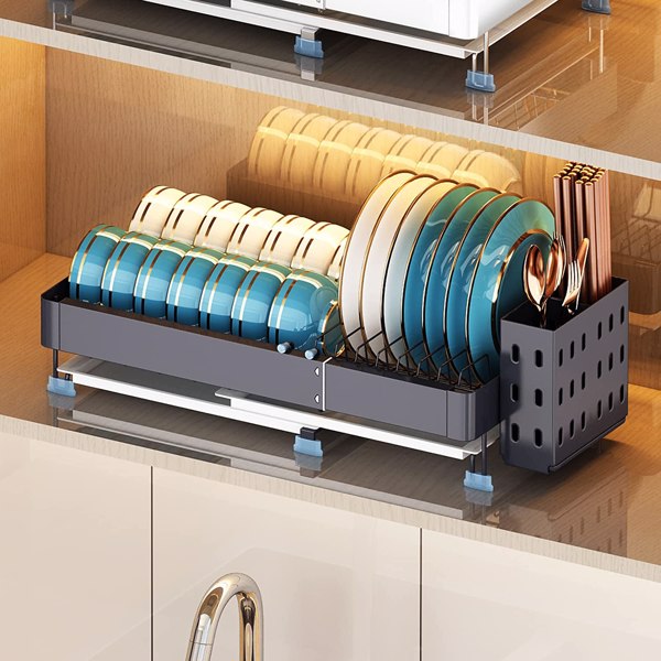 Dish Drying Rack for Kitchen Counter, Extendable (13.4 to 19.3) Dish Drainers for Kitchen Counter with Drying Board, Sink Drying Rack for Cups, Cutlery &amp; Cutting Board, Black