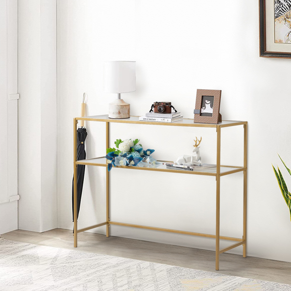 39.4&quot; Console Sofa Table, Modern Entryway Table, Tempered Glass Table, Metal Frame, 2 Shelves, for Living Room, Hallway, Gold Color