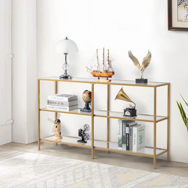 51.2 Console Table, Tempered Glass Sofa Table, Modern Entryway Table, Metal Frame, Easy to Assemble,  for Living Room, Hallway, Gold Color