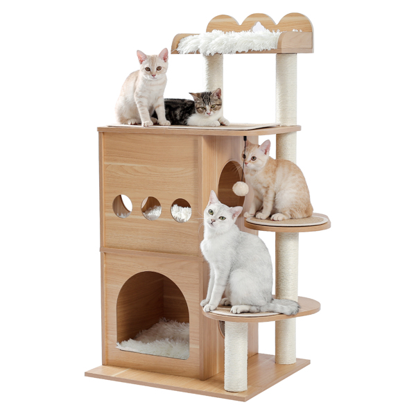 Modern Cat Tree Wooden Multi-Level Cat Tower Deeper Version Of Cat Sky Castle With 2 Cozy Condos, Luxury Perch And Interactive Dangling Balls Beige (Minimum Retail Price for US: USD 164.99)