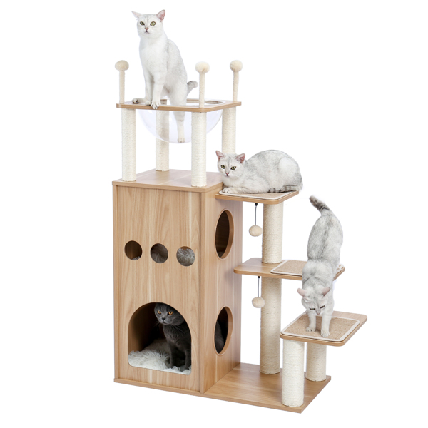 Modern Wooden Cat Tree Multi-Level Cat Tower With Fully Sisal Covering Scratching Posts, Deluxe Condos And Large Space Capsule Nest (Minimum Retail Price for US: USD 189.99)