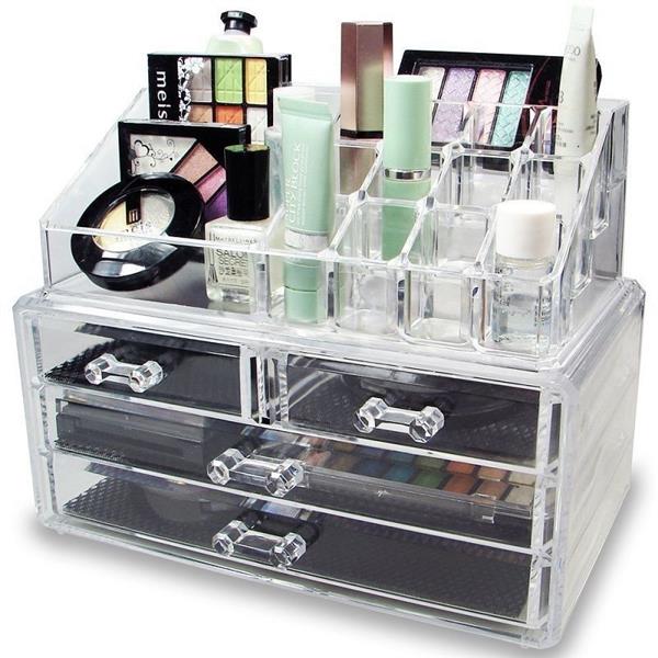 Multi-check &amp; 4 Drawers Integrated Acrylic Makeup Case Cosmetics Organizer Transparent