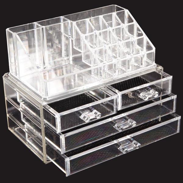 Multi-check &amp; 4 Drawers Integrated Acrylic Makeup Case Cosmetics Organizer Transparent