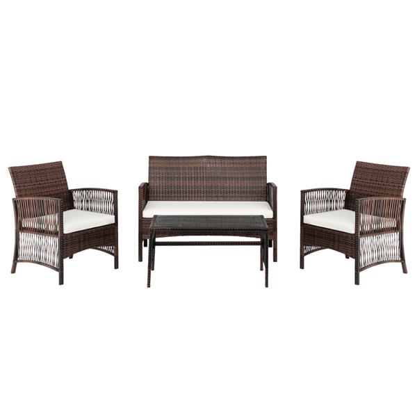 4pcs 1 Double Seat 2 Single Seat 1 Coffee Table Armrest Hollow Knit Combination Sofa Brown Gradient
