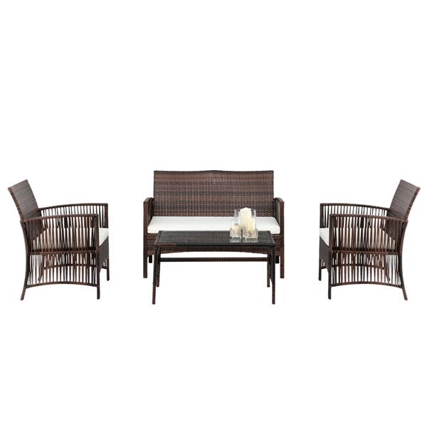 4pcs 1 Double Seat 2 Single Seat 1 Coffee Table Armrest Hollow Knit Combination Sofa Brown Gradient