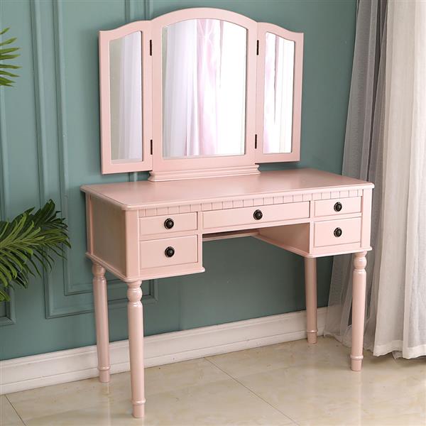 Dresser Three-Fold Square Mirror Drawers Roman Column Table/Stool Fluorescent Pink