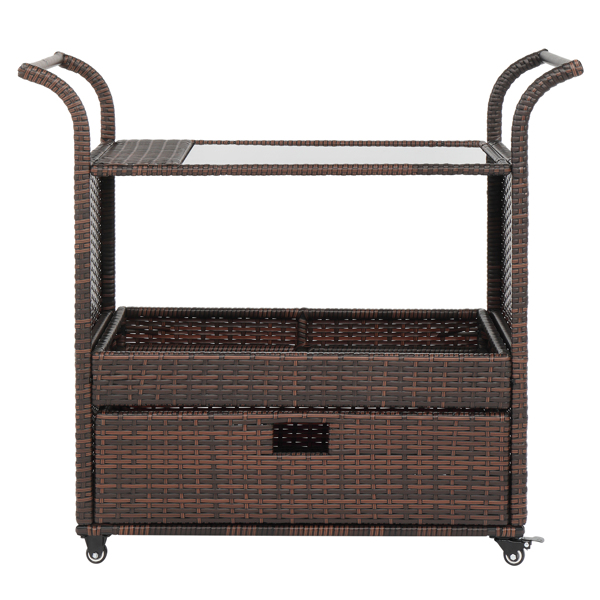 Outdoor Patio Wicker Rattan Serving Bar Cart Sideboard On Wheels Brown Gradient