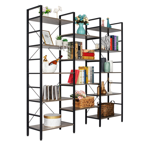 Triple Wide 5-Shelf Bookcase, Etagere Large Open Bookshelf Vintage Industrial Style Shelves Wood and Metal bookcases Furniture for Home &amp; Office (Gray)