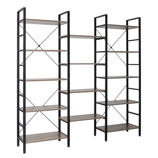 Triple Wide 5-Shelf Bookcase, Etagere Large Open Bookshelf Vintage Industrial Style Shelves Wood and Metal bookcases Furniture for Home &amp; Office (Gray)