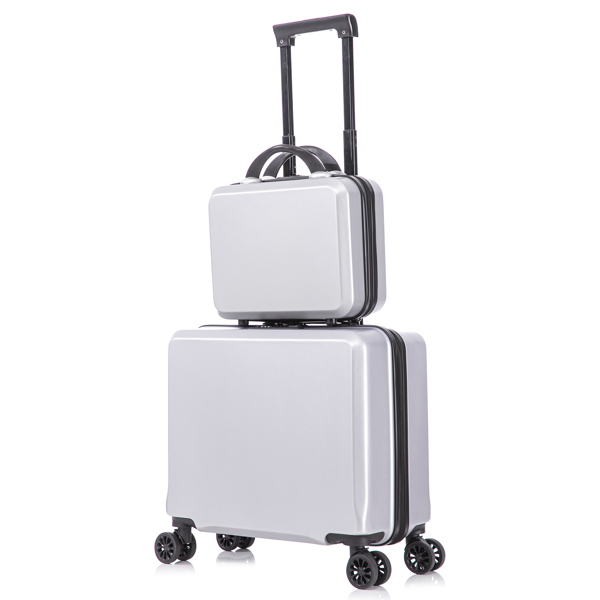 2 Piece Travel Luggage Set Hard shell Suitcase with Spinner Wheels 18 Underseat luggage and 14 Comestic Travel case Toiletry box  Silver